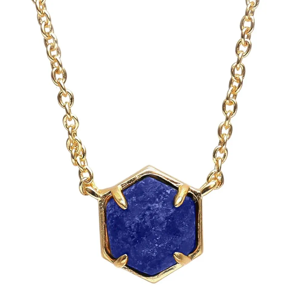 Gempires Natural Blue Lapis Lazuli Hexagon Pendant Necklace Dainty Chain Necklaces For Women September Birthstone Bezel Jewelry 18-inch Adjustable Chain