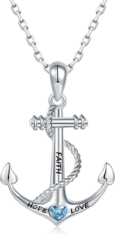 925-Sterling-Silver Sailor Anchor Necklace for Women - White Gold Plated Engraved Ship Nautical Jewelry Chain Faith Hope Love Inspirational Navy Blue Heart Cubic Zirconia Pendant Gifts