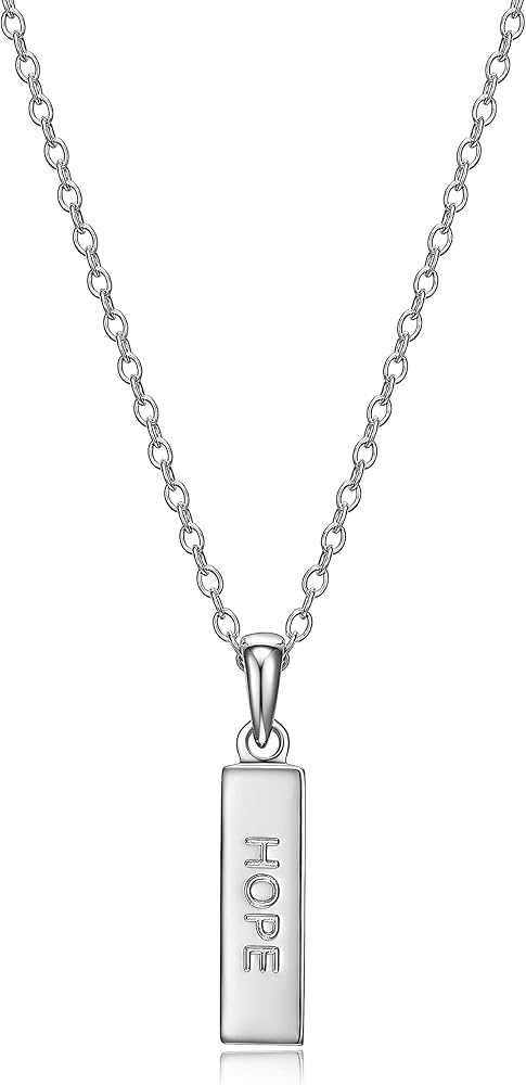 MORGAN & PAIGE .925 Sterling Silver Rhodium Plated Vertical Bar Sentiment Pendant Necklace - Lightweight Dainty Necklace for Women Sterling Silver Necklace, Jewelry Gifts 18" Rope Chain