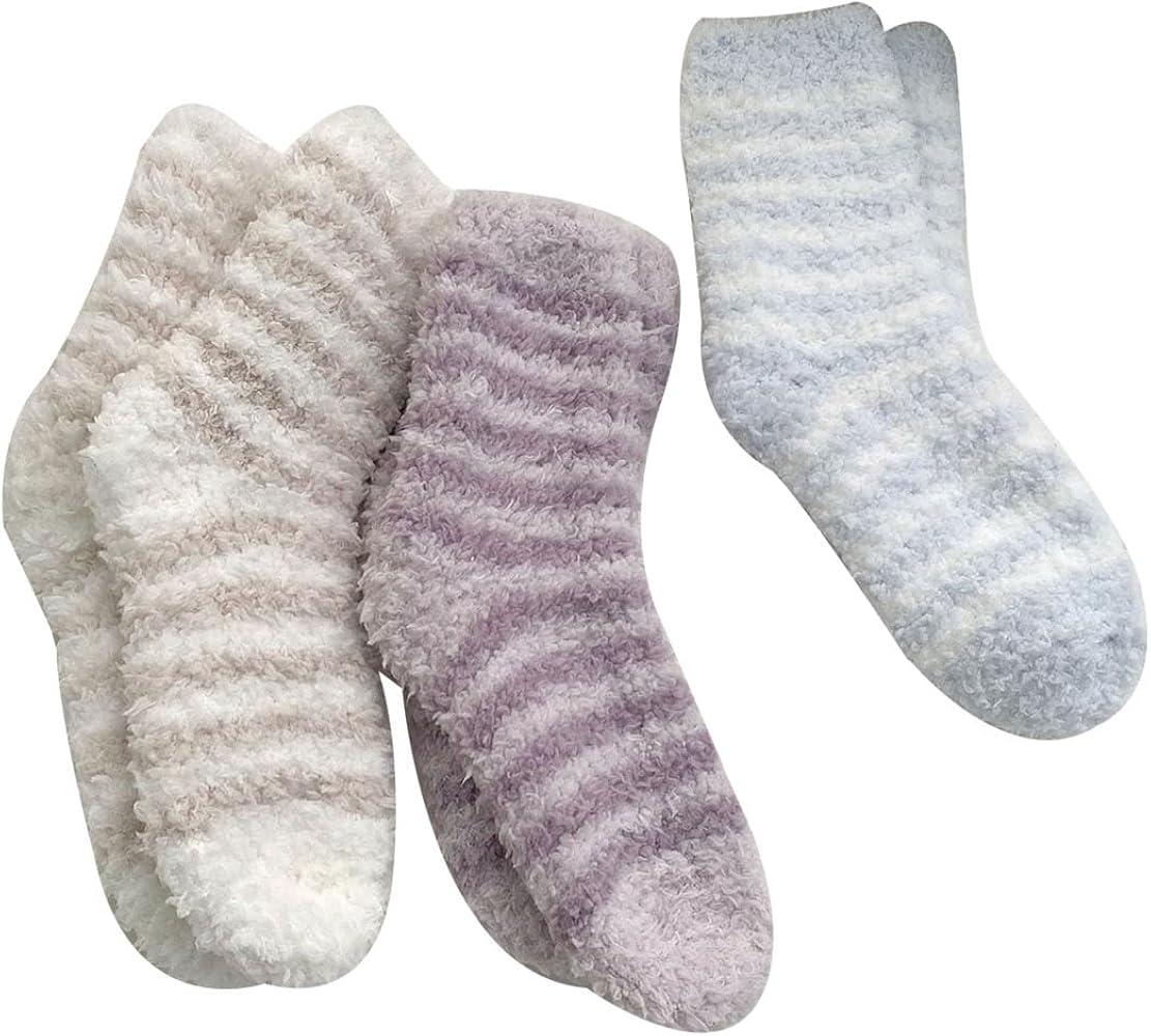 3 Pairs Cozy Fuzzy Socks for Women Winter Warm Striped Socks for Girl Sleep Fluffy Socks