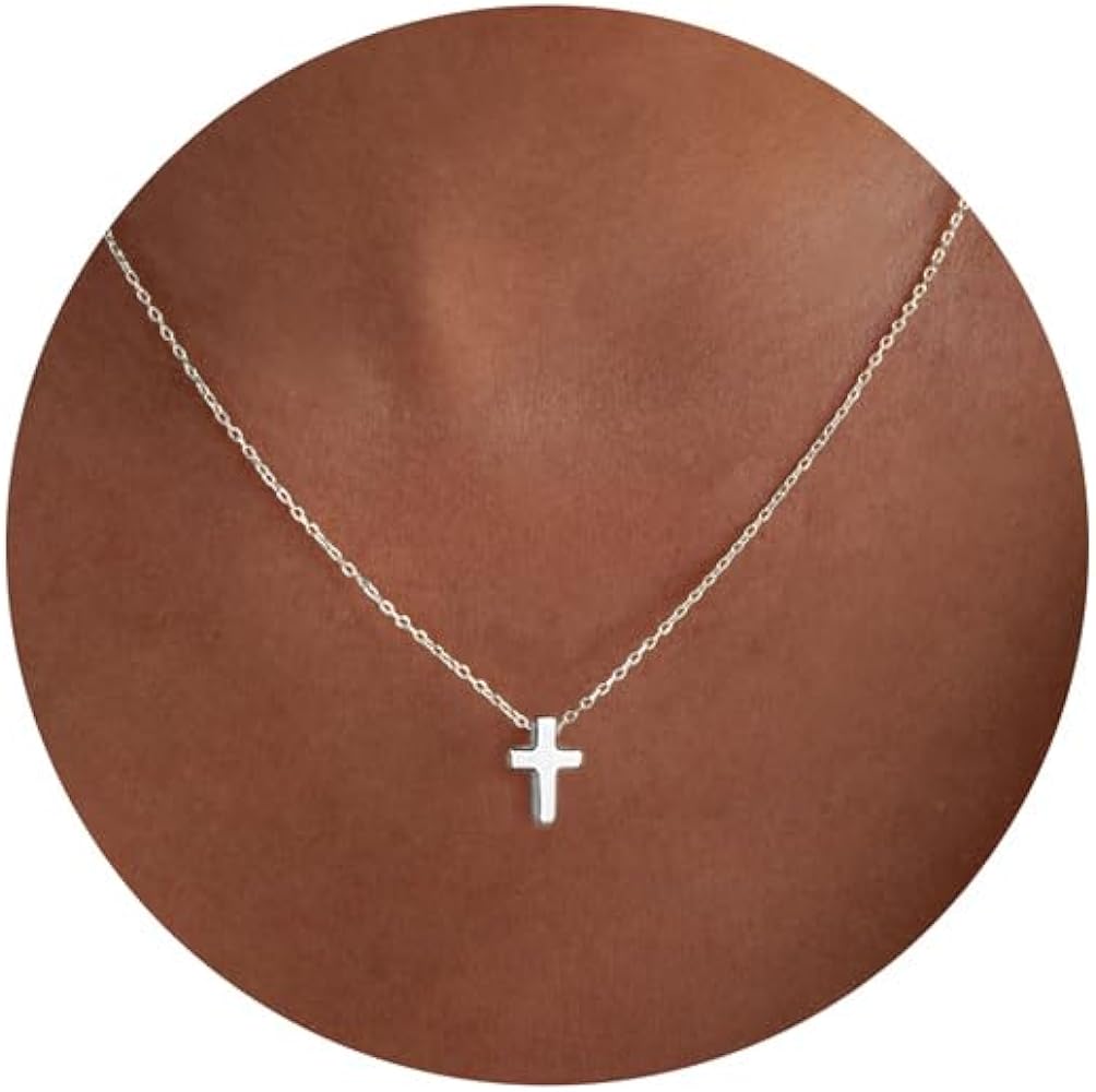 Cross Necklace, 14K Gold Plated Box Chain Cross Pendant Necklace Dainty Simple Silver Cross Tiny Necklace for Women