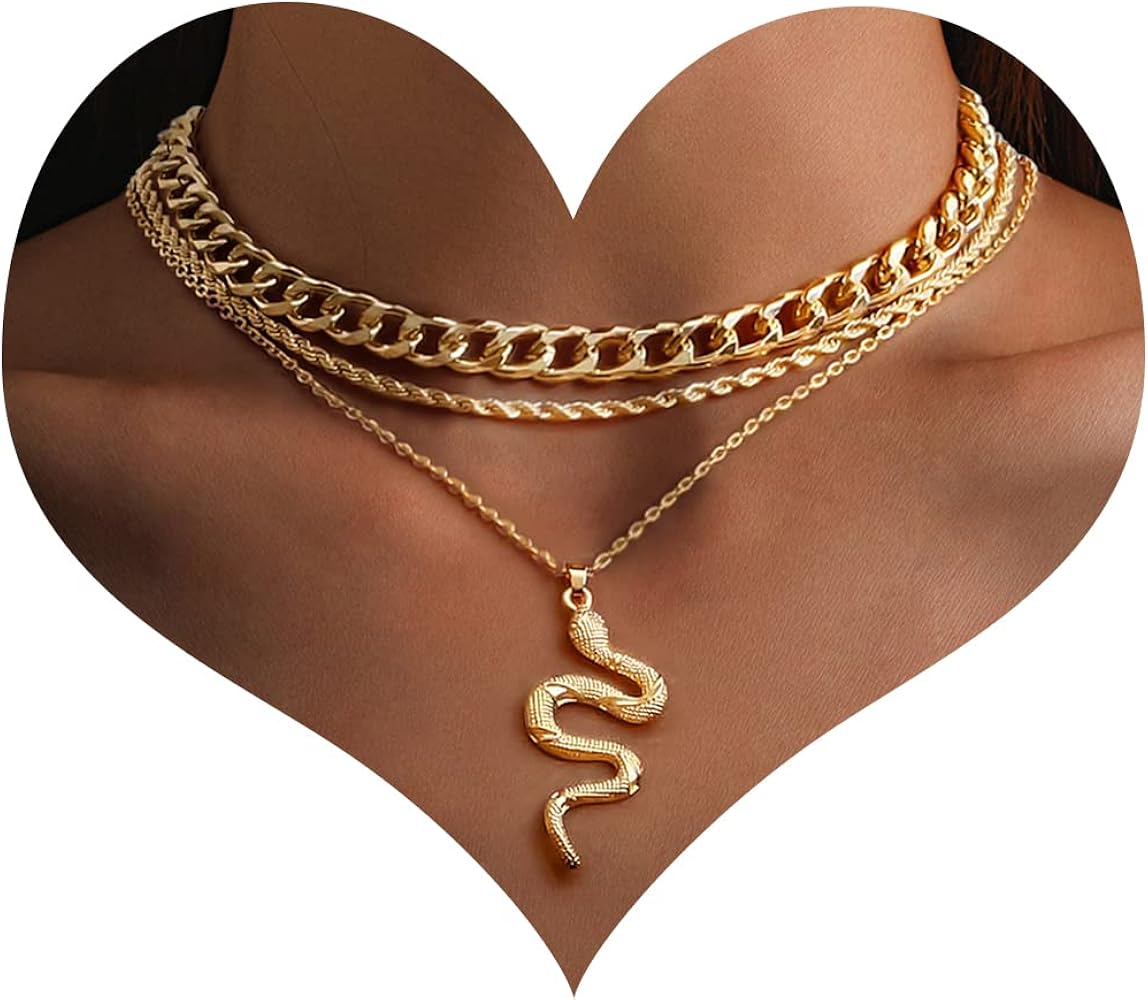 MJartoria Gold Layered Necklaces for Women Trendy Retro Snake Pendant Gold Necklace Chunky Link Chain Choker Necklaces for Jewelry Birthday Gifts