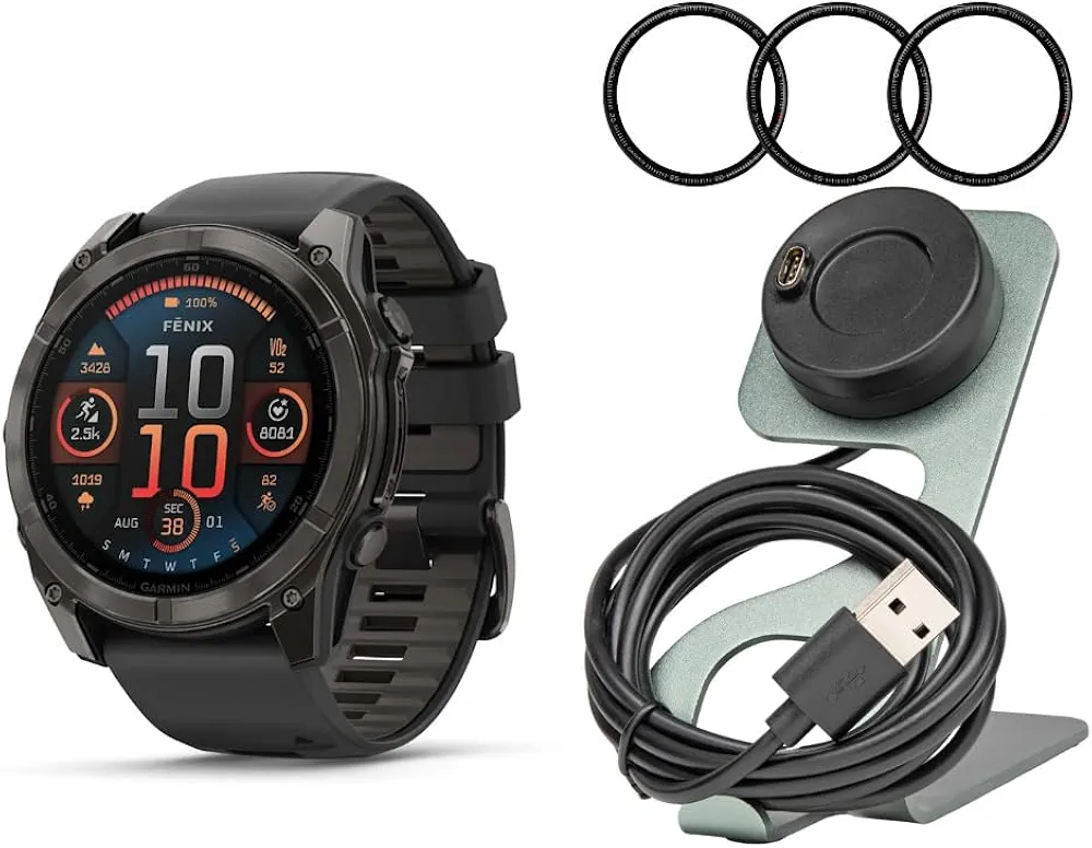 Garmin Fenix 8 AMOLED Sapphire 51mm GPS Smartwatch (Black and Pebble Gray) Bundle with Portable Charger Stand and Screen Protector Film (3 Items)