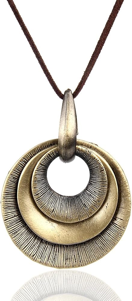 AZORA Handmade Bronze Color Multiple Ring Pendant Necklace Boho Style Long Leather Rope Sweater Necklace for Women