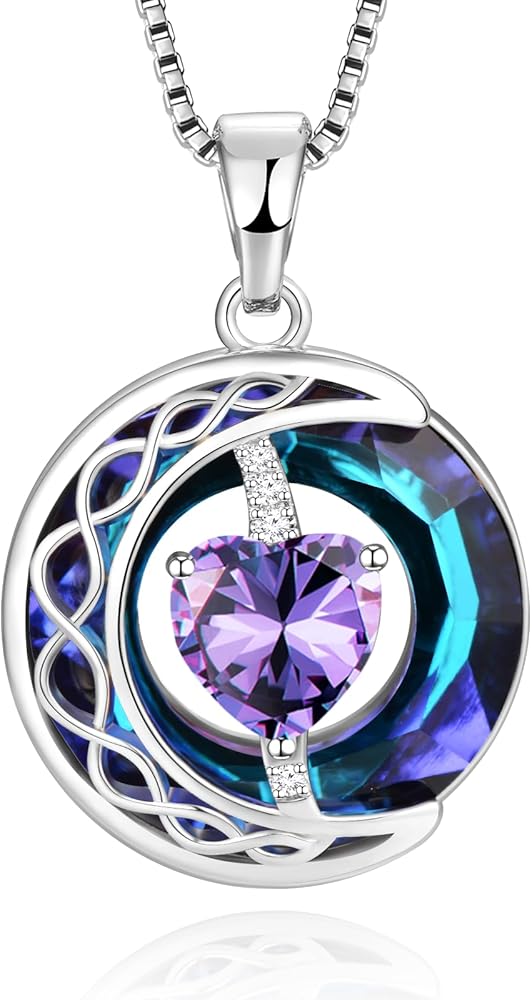 LIANYU Necklace for Women Blue Sapphire Necklace Moon Pendant S925 Sterling Silver Crystal Pendant Gifts for Wife Gifts Birthday Valentine's Day Anniversary Mothers Day