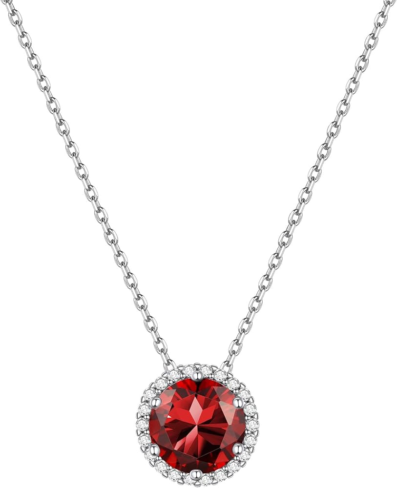 ChicSilver 925 Sterling Silver Heart/Round/Pear/Emerald Cut Simulated Birthstone Halo Necklace Birthday Gift for Women Girls (with Gift Box)
