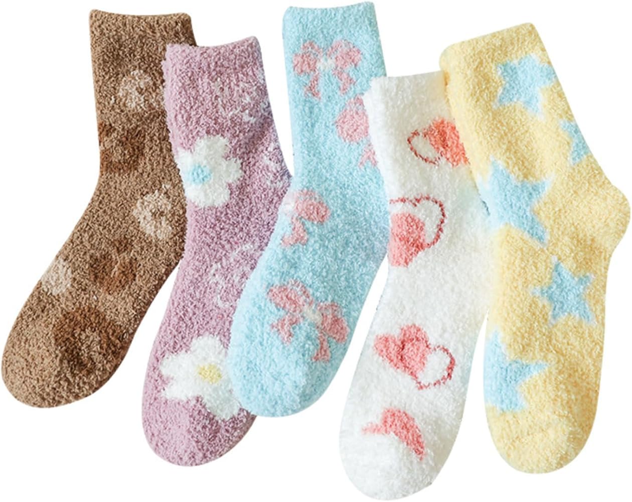Women Fuzzy Socks, Fluffy Cozy Winter Slipper Socks Casual Socks, Sleeping Thick Plush Socks for Daily, 5 Pairs, Size 5-9
