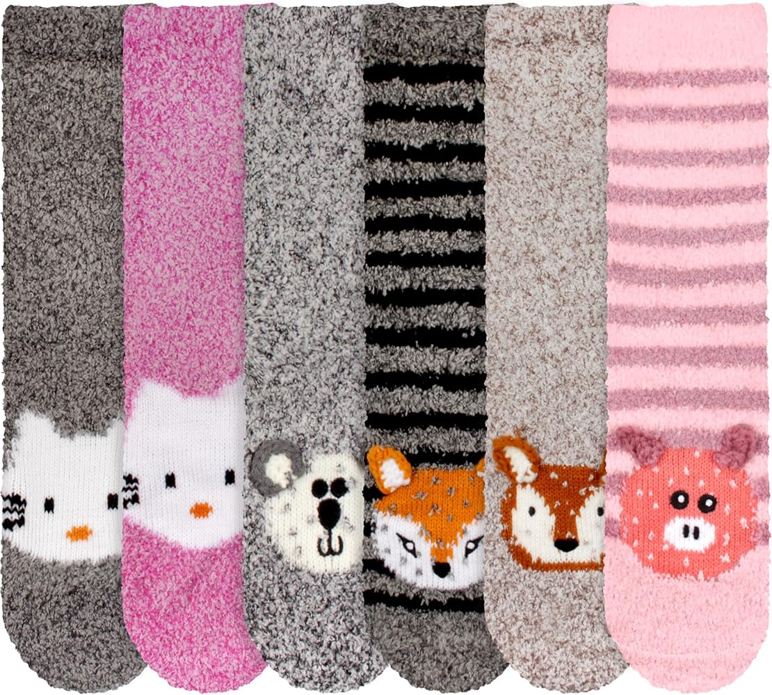 BambooMN Super Soft Warm Cute Animal Non-Slip Fuzzy Cozy Crew Winter Home Socks, 6 Pairs Value Pack