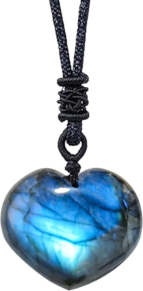 Natural Labradorite Pendant Necklace Healing Crystal Moonstone Polished Stone Pendant with Hand-Woven Rope for Unisex