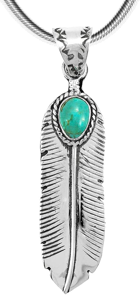 Turquoise Feather Pendant Necklace in Sterling Silver 925 & Genuine Turquoise (20" Length)