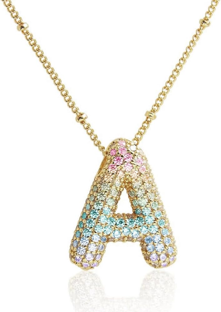 MJartoria Bubble Letter Necklace Trendy Dainty Gradient Color Balloon Initial Pendant 14K Gold Plated Cubic Zirconia Necklace for Women Gold Jewelry Birthday Gifts