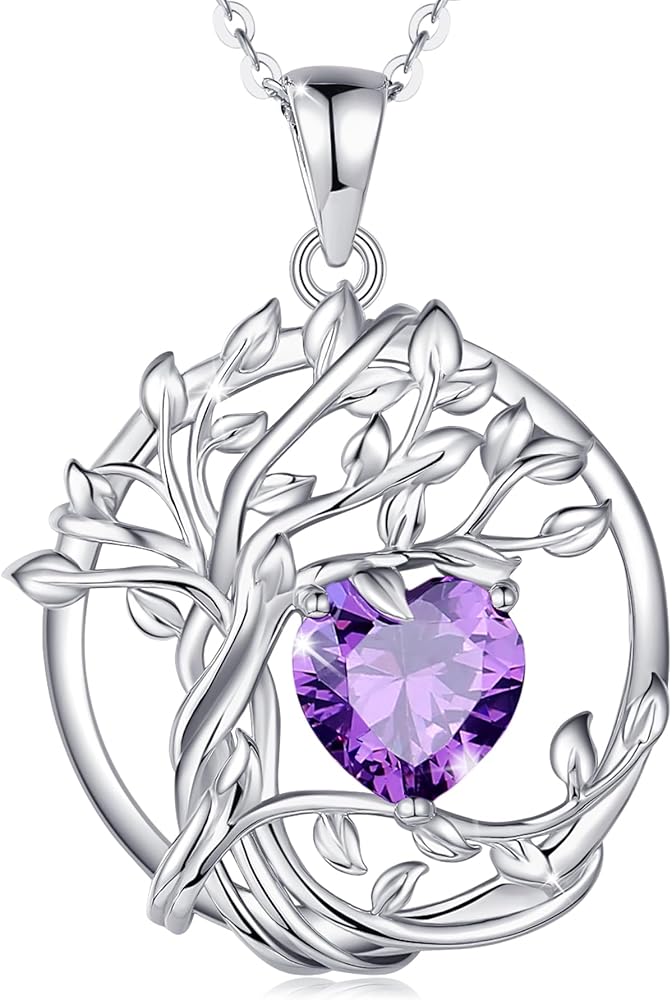 FANCIME Tree of life Birthstone necklace Sterling Silver Pendant Birthstone Necklace Gemstone Anniversary Birthday Jewelry Christmas Gifts for Mom Her Wife