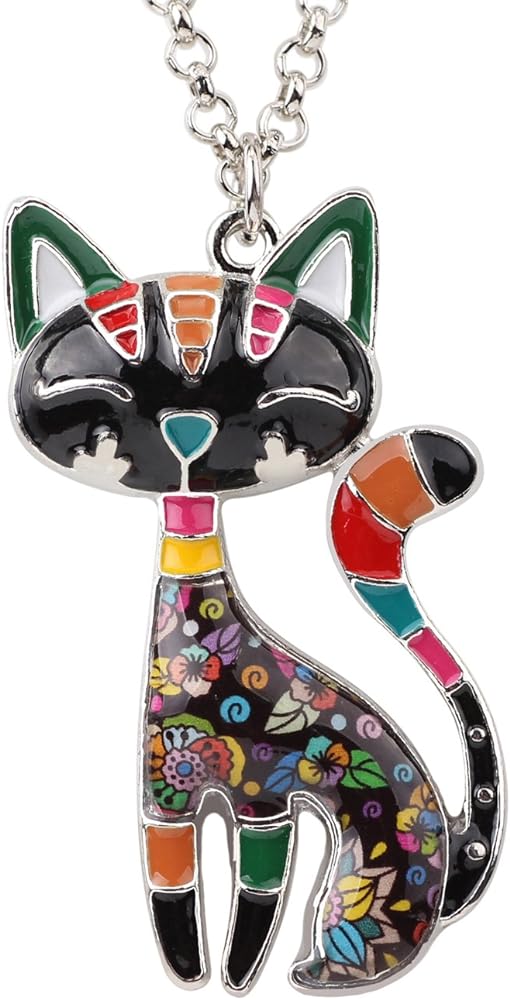 BONSNY Statement Enamel Alloy Chain Cat Necklaces Pendant Original Design For Women