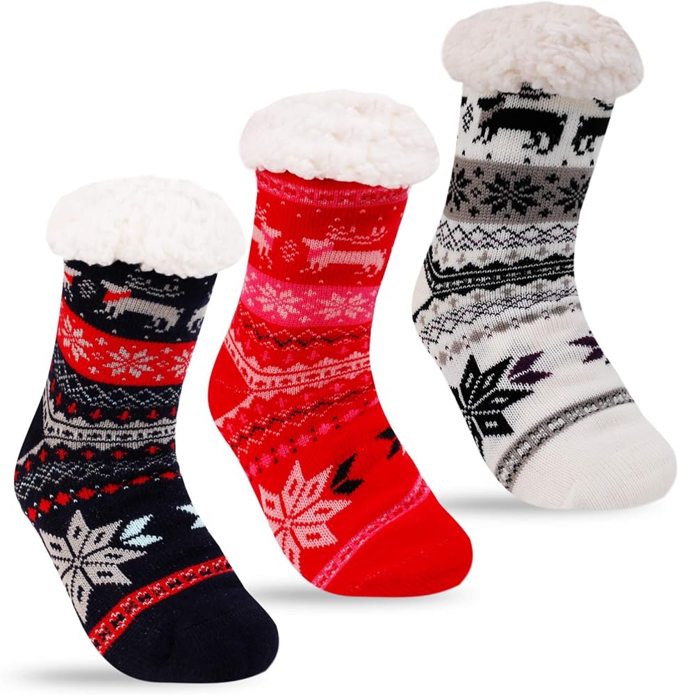 3 Pairs Fuzzy Slipper Socks for Women Men, Winter Warm Soft Fleece Lined Non Skid