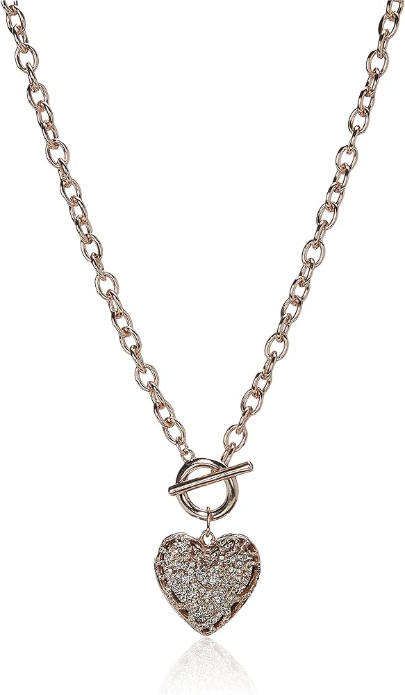 GUESS Rose Gold-Tone Pave Crystal Glass Stone Heart Pendant Toggle Necklace