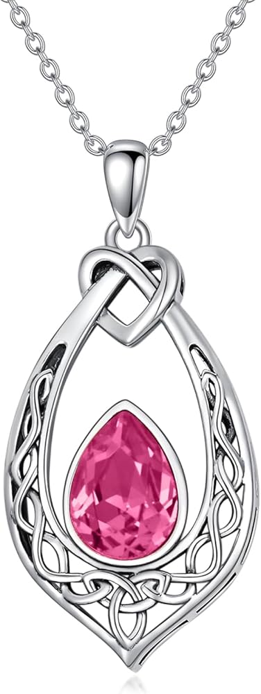 AOBOCO Celtic Knot Necklace 925 Sterling Silver Oxidized Vintage Love Knot Pendant Necklace with Simulated Birthstone Crystal, Birthday Christmas Jewellery Gifts for Women