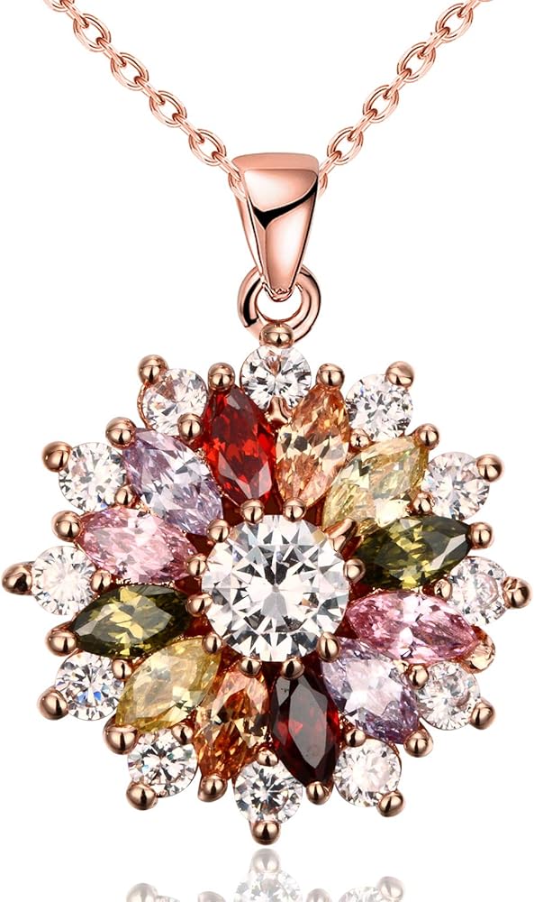 VONSSY Colorful Snowflake Pendant Necklace Earrings Rose Gold 5A Cubic Zirconia | Crystal Sweater Chain | Multi Gemstone Garnet Amethyst Morganite Peridot Prom Rhinestone Necklaces for Women Vintage Stylish Gift