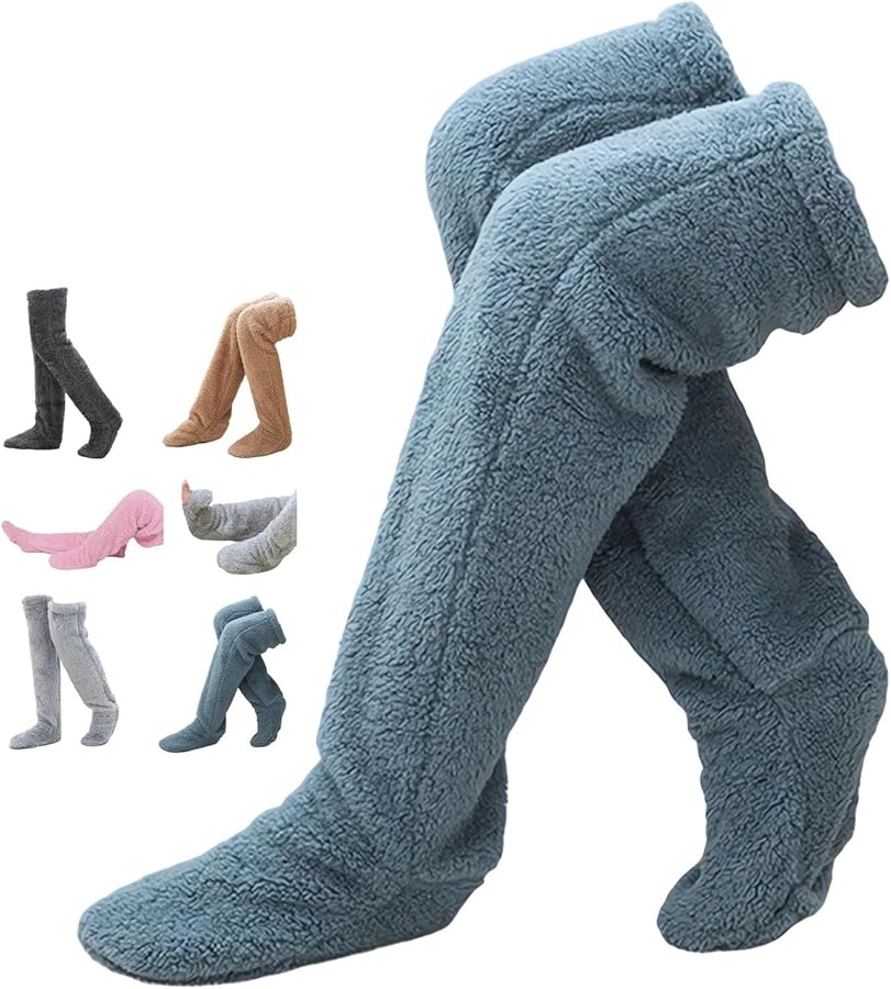 Plushwarmth Long Socks Fuzzy Plush Warm Slipper Socks with Grippers Soft Teddy Fluffy Legs Warmers Toe Socks Winter