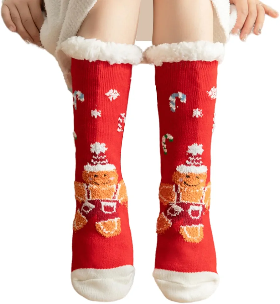 Women Christmas Fleece Lining Fuzzy Slipper Socks with Grippers Snowman Gingerbreads Pattern Thermal Nonslip Floor Socks