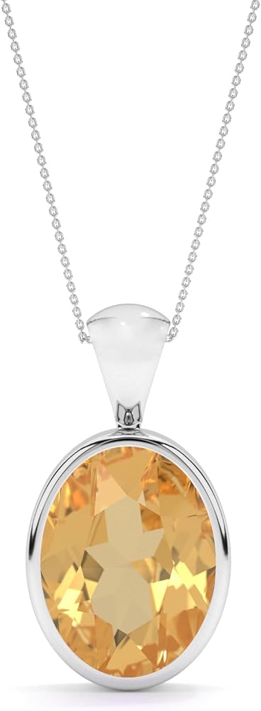 Natural Citrine Pendant Necklace for Women in Sterling Silver, November Birthstone Gifts For Her Birthday Anniversary, Graduation (Round, Pear, Oval)(Bezel-Set)