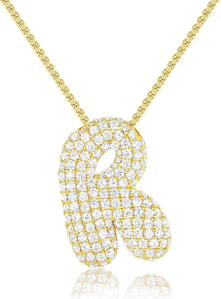 KissYan Bubble Letter Necklace, 14K Gold Plated Balloon Initial Pendant Box Chain Necklace Dainty Pave CZ Jewelry Gift for Women