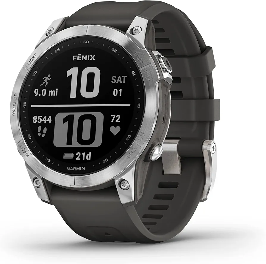 Garmin 010-02540-00 fenix 7, adventure smartwatch, rugged outdoor watch with GPS, touchscreen, health and wellness features, silver with graphite band (Renewed)