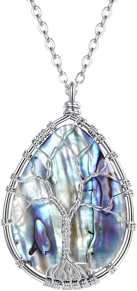 FOCALOOK Stainless Steel Wire Wrapped Tree of Life Abalone Necklaces Handmade Costume Jewelry Long Necklaces for Women (Send Gift Box)