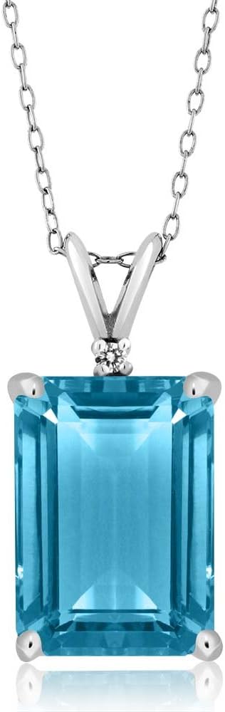 Gem Stone King 925 Silver Swiss Blue Topaz and White Topaz Pendant Necklace For Women (9.72 Cttw, Gemstone November Birthstone, Emerald Cut 14X10MM, with 18 Inch Silver Chain)