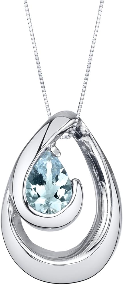 PEORA Sterling Silver Wave Pendant Necklace for Women in Various Gemstones, Pear Shape 7x5mm, with 18 inch Italian Chain