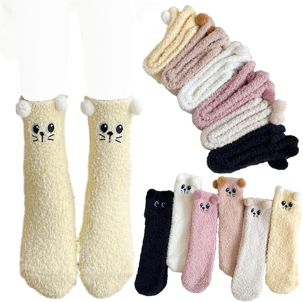 Fuzzy Socks 6 Pairs Womens Winter Warm Cute Cat Thick Home Socks Fluffy Socks Cozy Crew Thermal Cabin Floor Socks