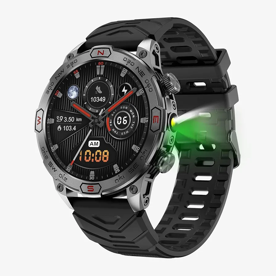 Military Smart Watch with LED Flashlight, Bluetooth Make/Answer Call, 1.43" HD Outdoor Tactical Rugged Smartwatch, Sports Fitness Tracker Watch with Health Monitor, Sleep Monitor