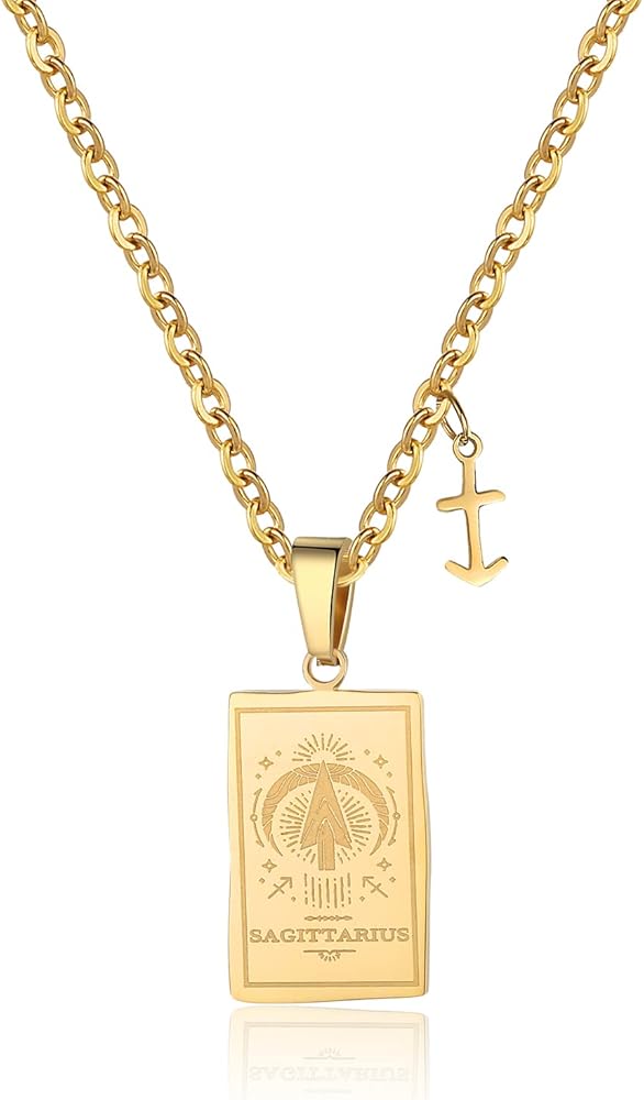 Zodiac Sign Necklace for Women 18K Gold Plated Stainless Steel Chain 20+2 inch Double Sided Constellation Tarot Card Pendant Waterproof Non Tarnish Friendship Jewelry Birthday Gift