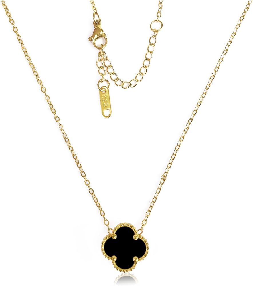 Clover Pendant Necklace for Women, 18K Gold Plated Four Leaf Clover Necklace, Lucky Simple Dainty Jewelry Christmas Valentine's Day Gifts (Black)