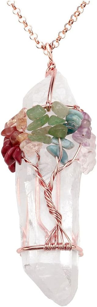 Jovivi 7 Chakra Gemstone Wire Wrapped Natural Clear Quartz Healing Crystal Point Pendant Necklace for Women Mother's Day Gift