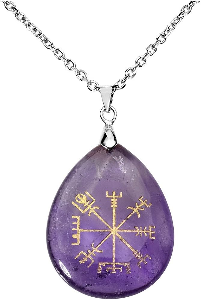 Jovivi Silver Plated Viking Compass Vegvisir Healing Stone Crystal Necklace Teardrop Gemstone Chakra Pendant Necklace 24"