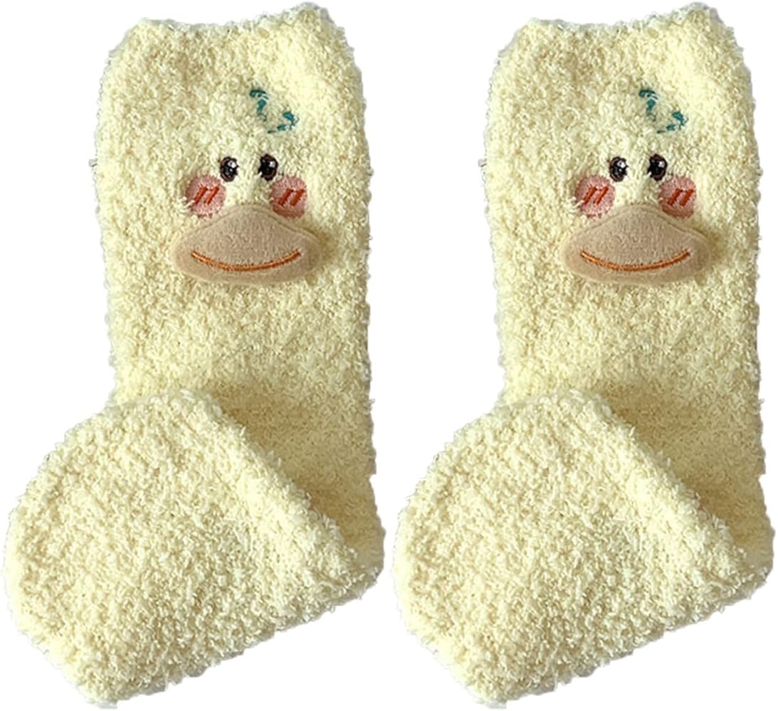 YOLAI Womens 3D Coral Velvet Socks Thickened Winter Warm Sleep Socks Cute Cartoon Ducks Floor Socks