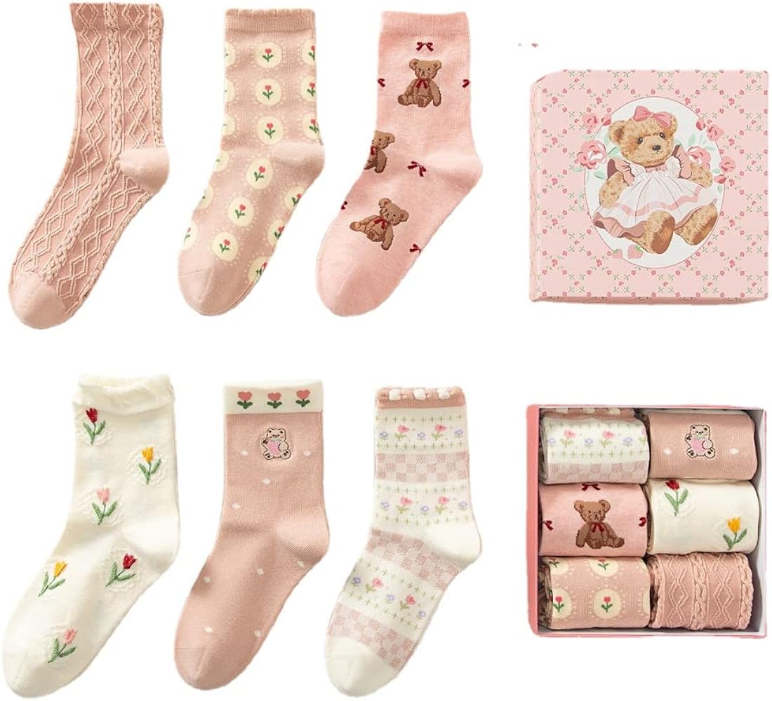 Japanese Kawaii Cute Floral Bear Cotton Socks, Warm Slipper Socks for Girl, Women Soft Sleep Sock with Gift Box