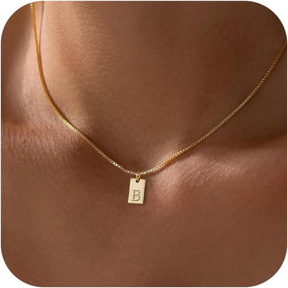 Gold Initial Necklaces for Women Non Tarnish, 14K Gold Plated Dainty Square Letter Pendant Charm Necklace Waterproof A-Z Trendy Thin Chain Name Necklace Personalized Jewelry Gifts