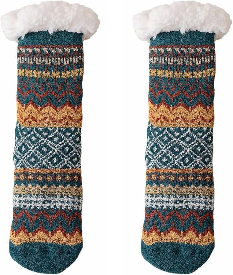 GIBZ Vintage Fluffy Slipper Socks for Women, Non Slip Thick Floor Bed Socks, Warm and Soft Sherpa Lined for Winter