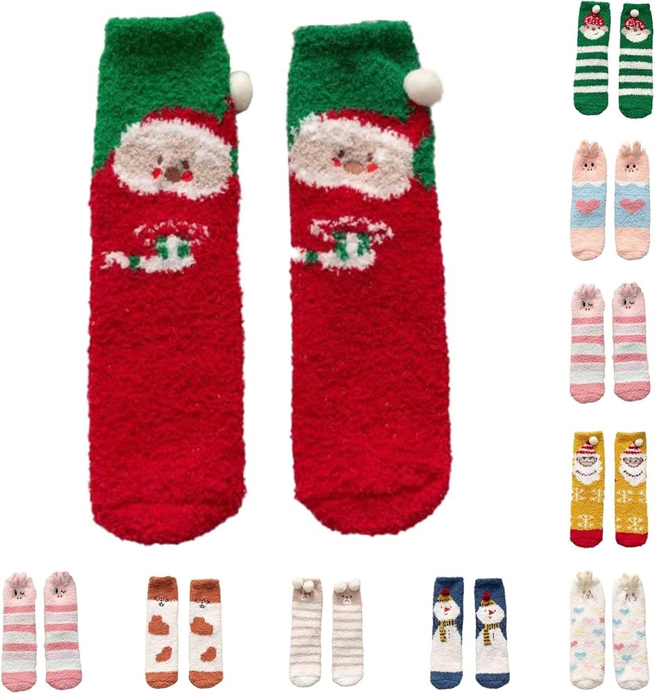 Women Fuzzy Socks Xmas Cozy Soft Fluffy Cute Printed Slipper Socks Sleeping Warm Socks Christmas Gift for Girls