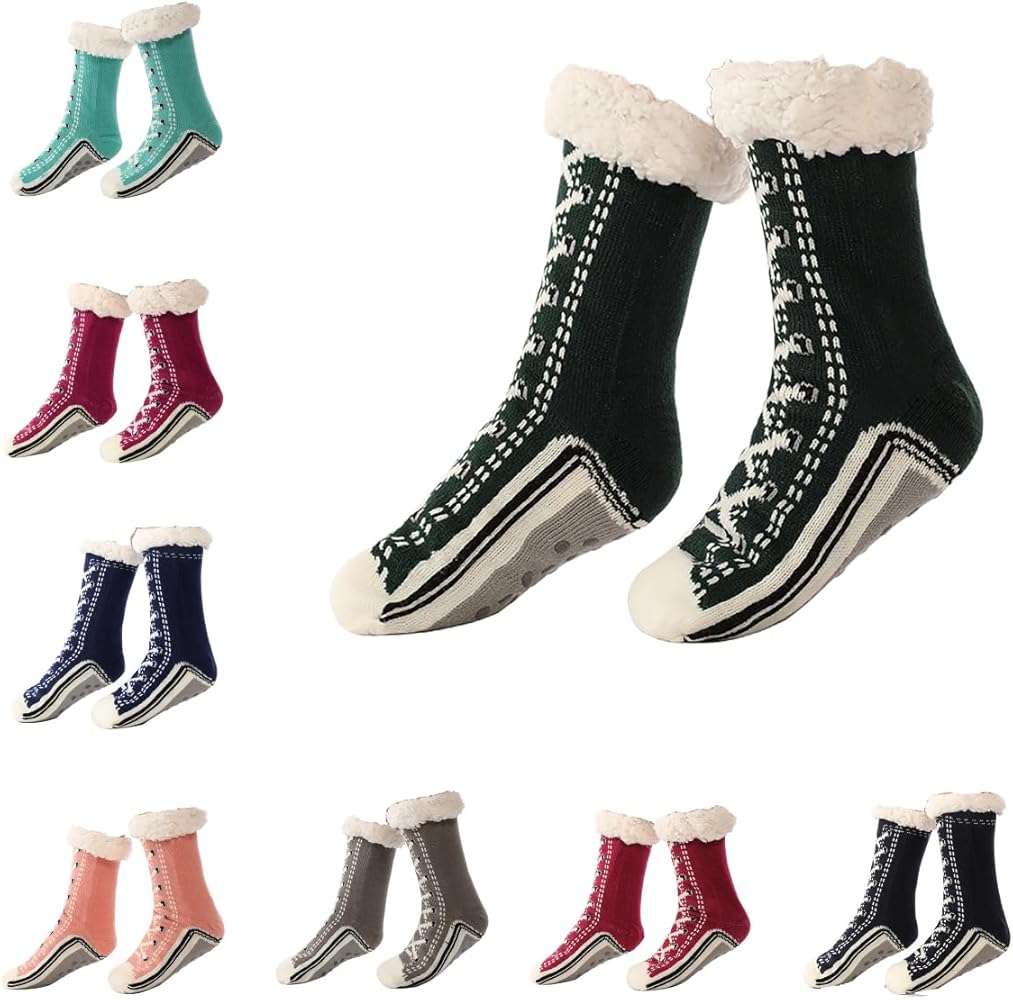 Cashmere Slipper Socks for Women Ultra-thick Slippers Home Socks Warm Fuzzy Slipper Socks with Non-slip Grippers