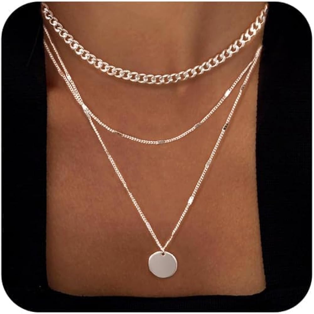 Layered Gold/Silver Necklaces for Women,14K Gold/Silver Stackable Choker Necklaces for Women Dainty Simple Necklace Set Layering Cuban Circle Pendant Chain Jewelry Set Trendy Necklace