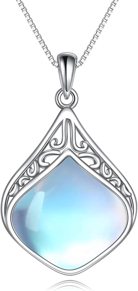YAFEINI Teardrop Necklace Sterling Silver Filigree Irish Pendant Necklace Natural Stone Moonstone/Lapis Lazuli/Larimar/Moss Agate Necklace Jewelry