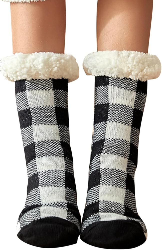 Slipper Socks for Women with Grips Fuzzy Warm Winter Floor Socks Soft Fleece Lined Socks Cozy Sleeping Plaid Socks