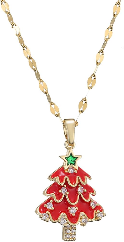 Red Crystal Christmas Tree Christmas Hat Necklace 14k Gold Plated Christmas Pendant Necklace Rhinestones Christmas Tree/Pearl Santa Hat Necklace Christmas New Year Jewelry Gifts for Woman