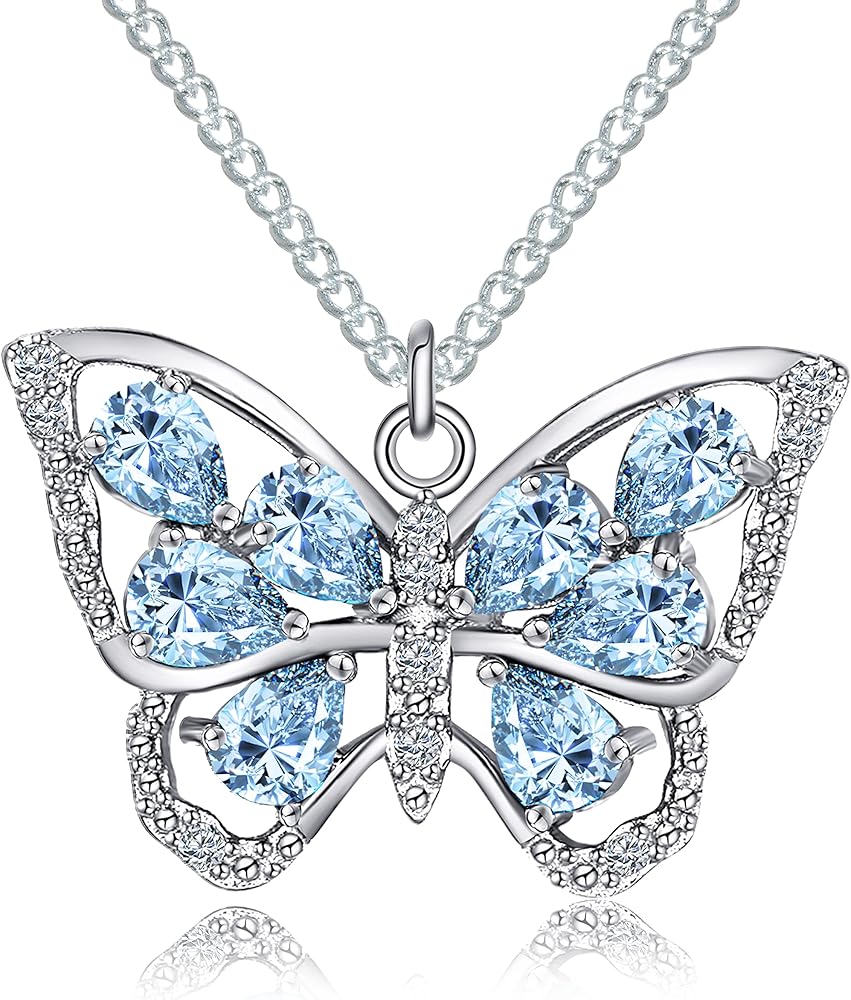 S925 Sterling Silver Butterfly Birthstone Pendant Necklace for Women with Premium Cubic Zirconia Jewelry for Mother's Day Valentine Birthday Gifts