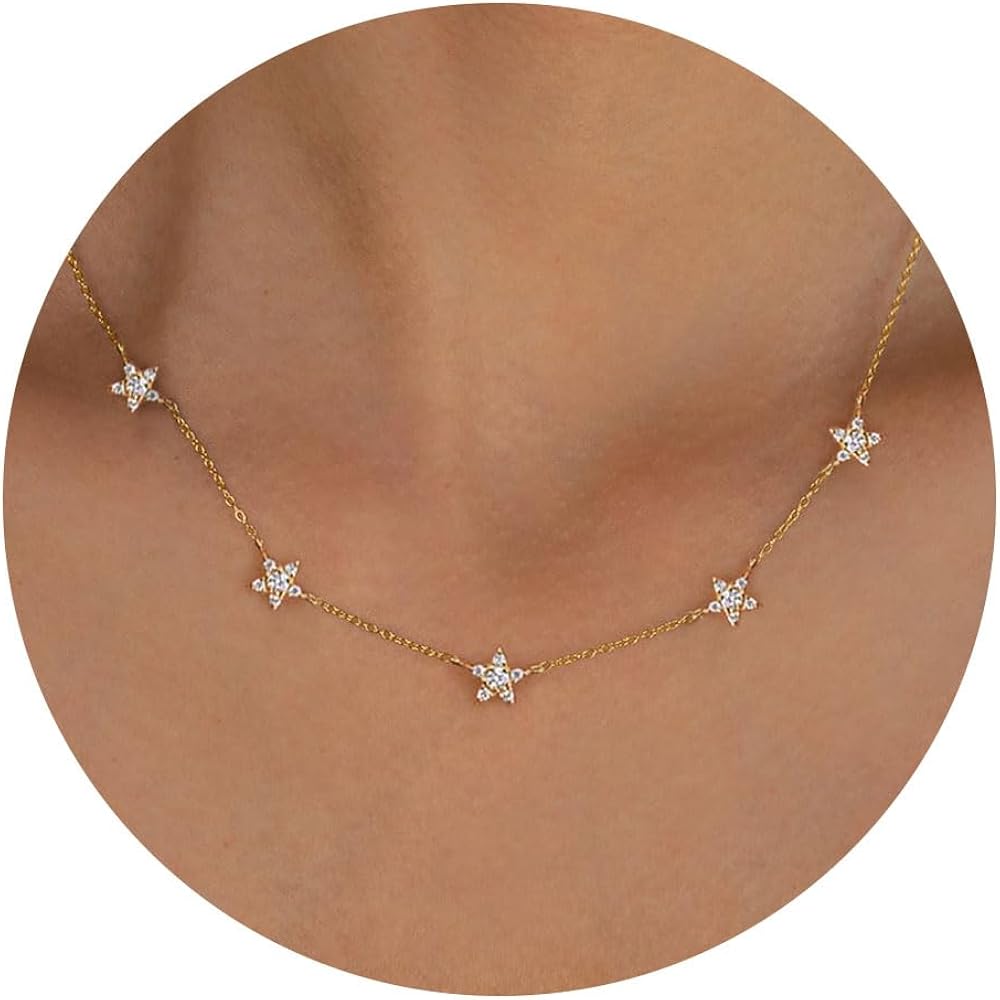 VRIUA Diamond Necklaces for Women - 14K Gold/White Gold Plated Dainty Necklace for Women Simple Five Diamond Flower Clover Butterfly Heart Star Necklace Trendy Gold Jewelry