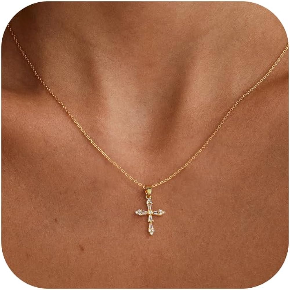 VIROMY Gold Cross Necklace for Women Dainty Diamond Cross Pendant Necklaces Non Tarnish Waterproof Necklace Simple Choker Minimalist Jewelry