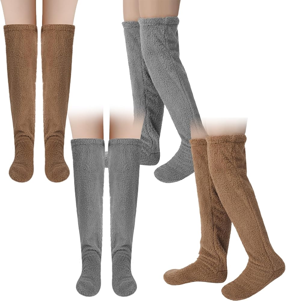 4 Pair Over Knee High Fuzzy Socks Warm Long Fuzzy Socks Fuzzy Thigh High Socks Furry Knee High Slippers for Home Sleeping Air Conditioner Room