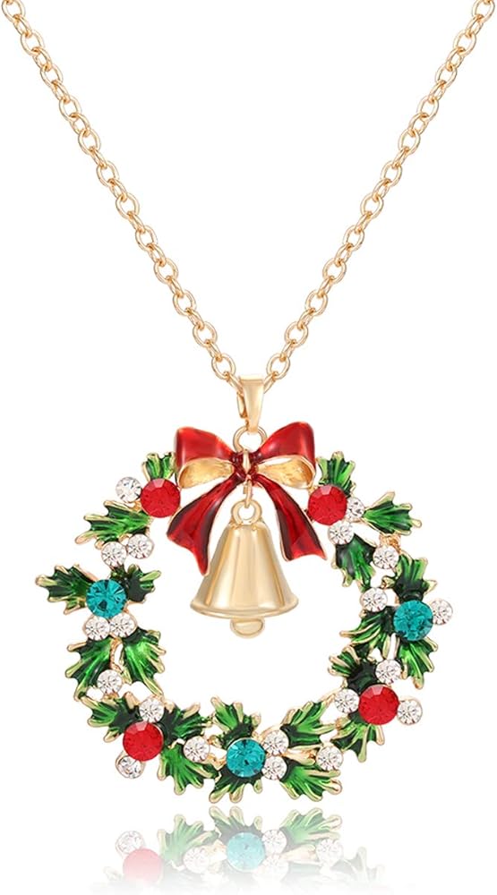 YAHPERN Christmas Necklaces For Women Glitzy Rhinestone Xmas Wreath Bell Pendant Necklace Holiday Jewelry Gift